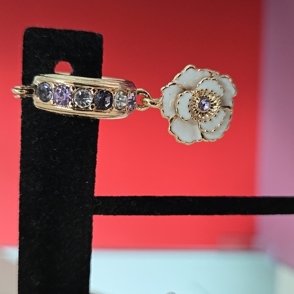 Guess Elegant Gold Tone Tan Enamel Purple Stones  Floral Hoop Earrings - Picture 13 of 16